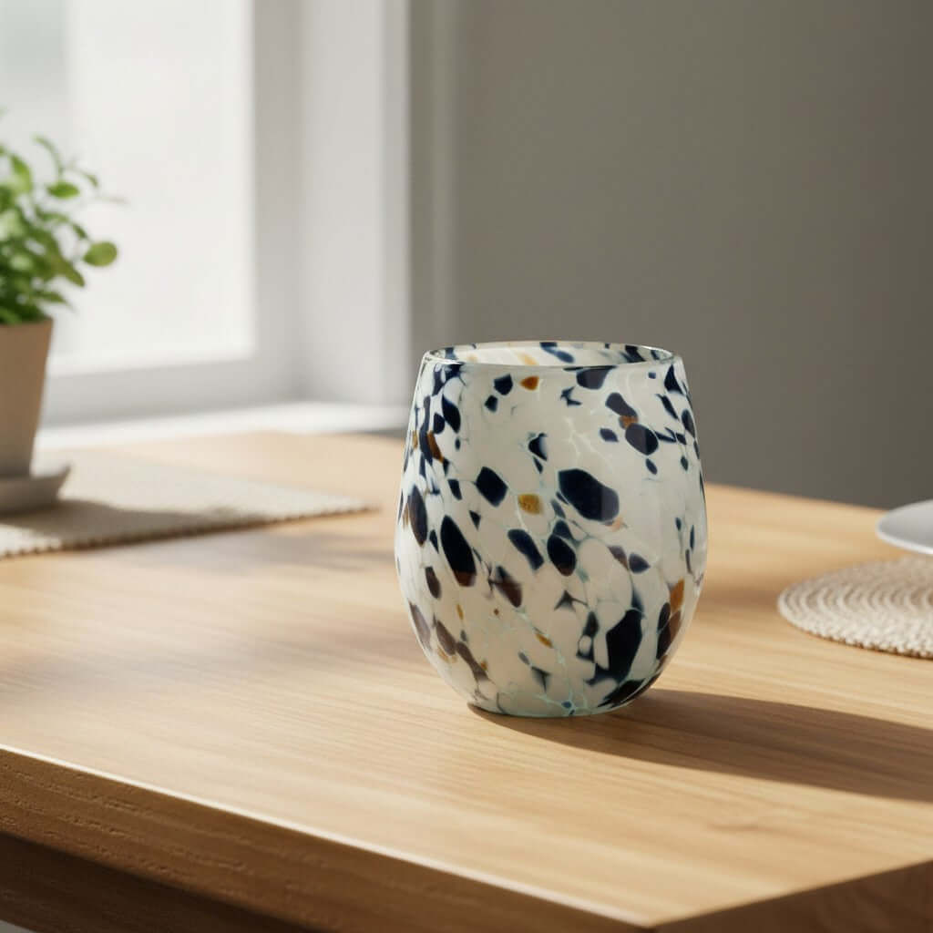 Hand-Blown Mexican Stemless Wine Glass | Blue Mocha Speckle Design
