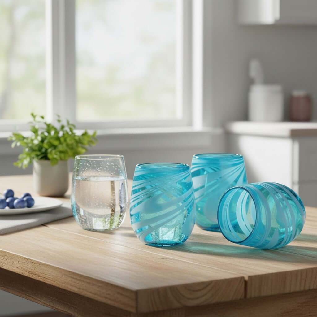 Hand-Blown Mexican Stemless Wine Glass | Teal White Swirl Design
