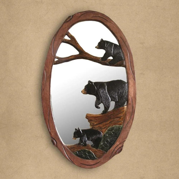Hand Carved Oval Bear & Cubs Mirror - Gifts for You 'n Me