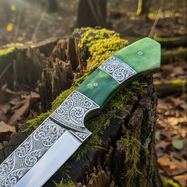 Hand Engraved D2 Hunting Knife | Camel Bone Handle
