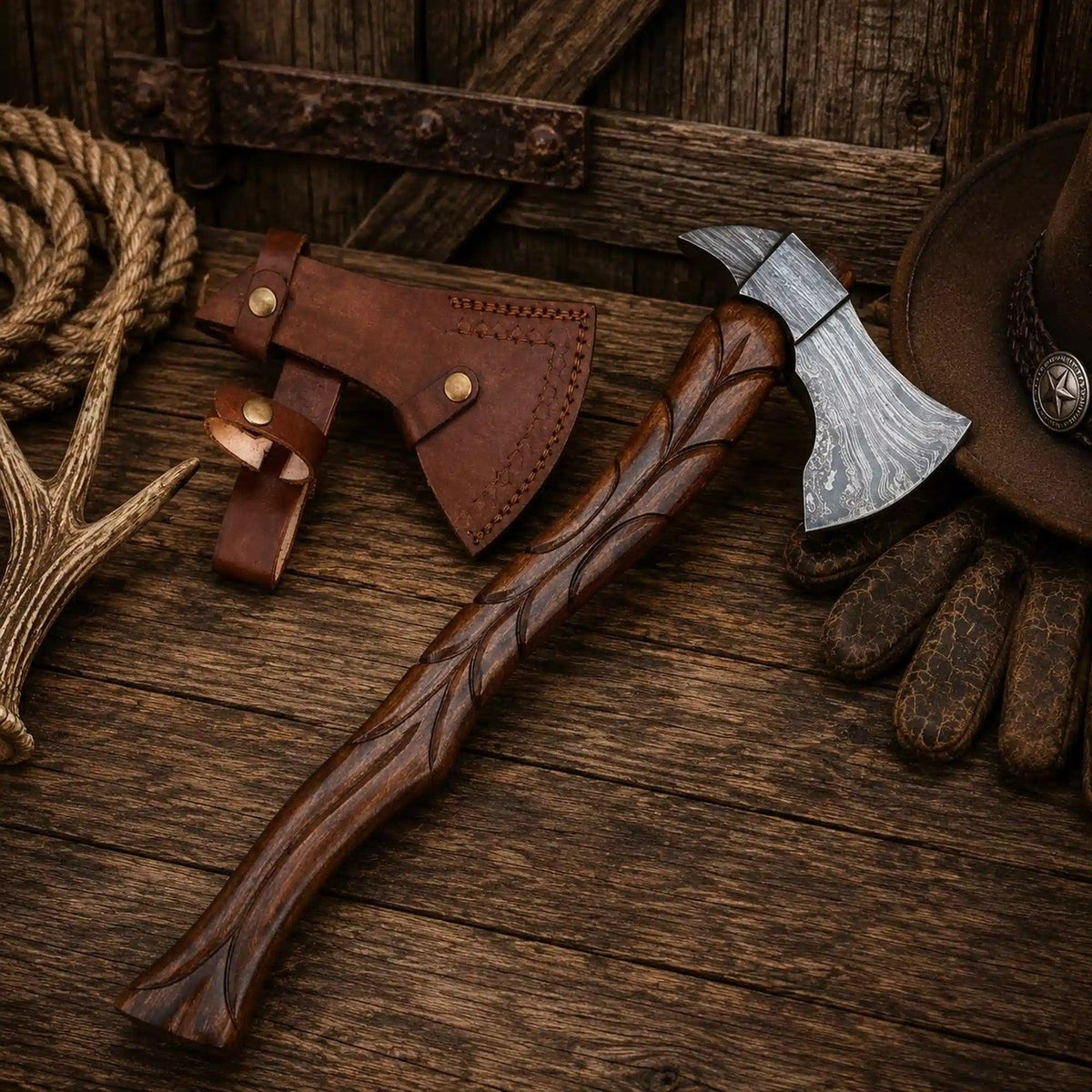 Hand-Forged Damascus Viking Tomahawk Axe – Carved Rosewood Handle with Leather Sheath