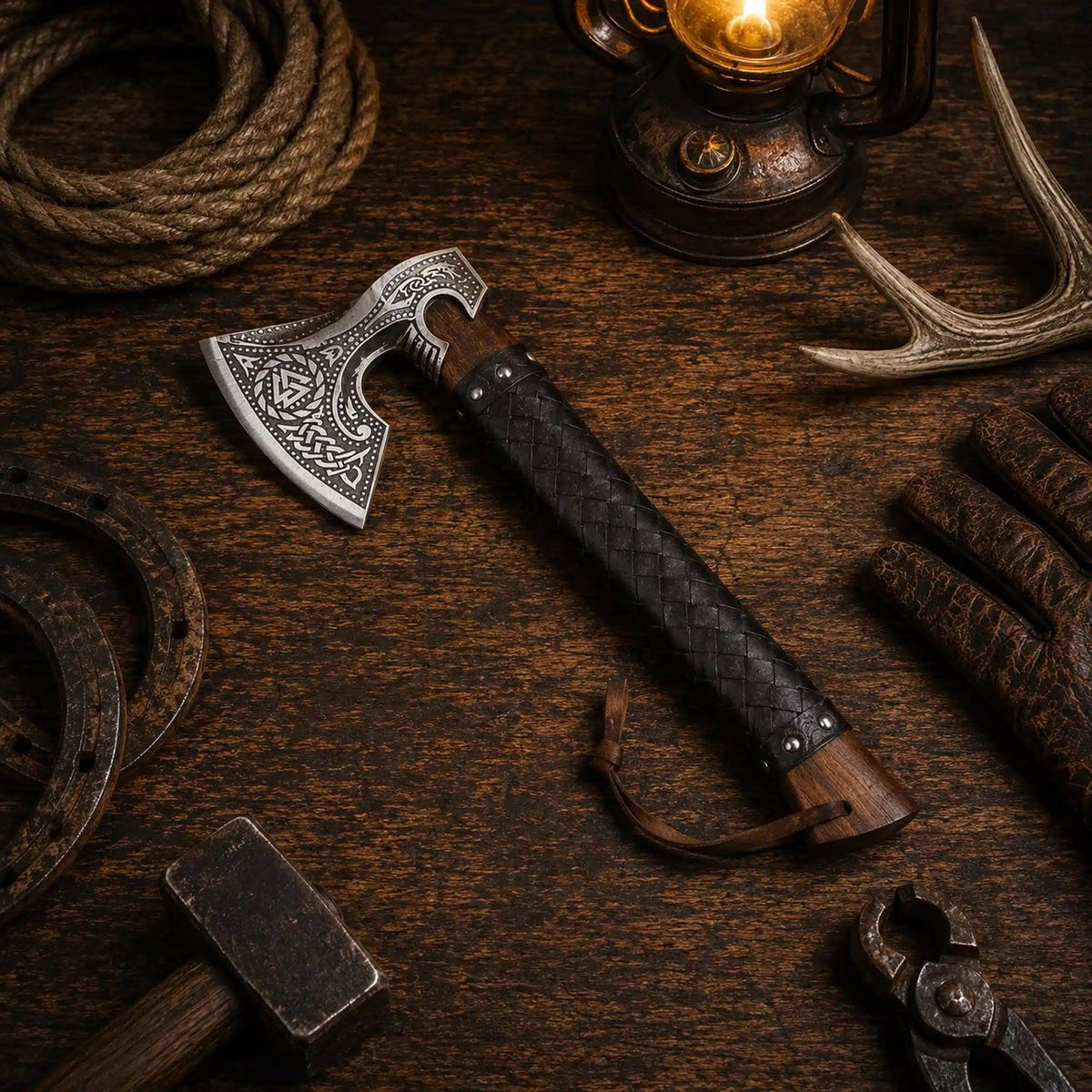 Viking Axe with Leather Sheath – Hand Forged Norse Engraving Hatchet