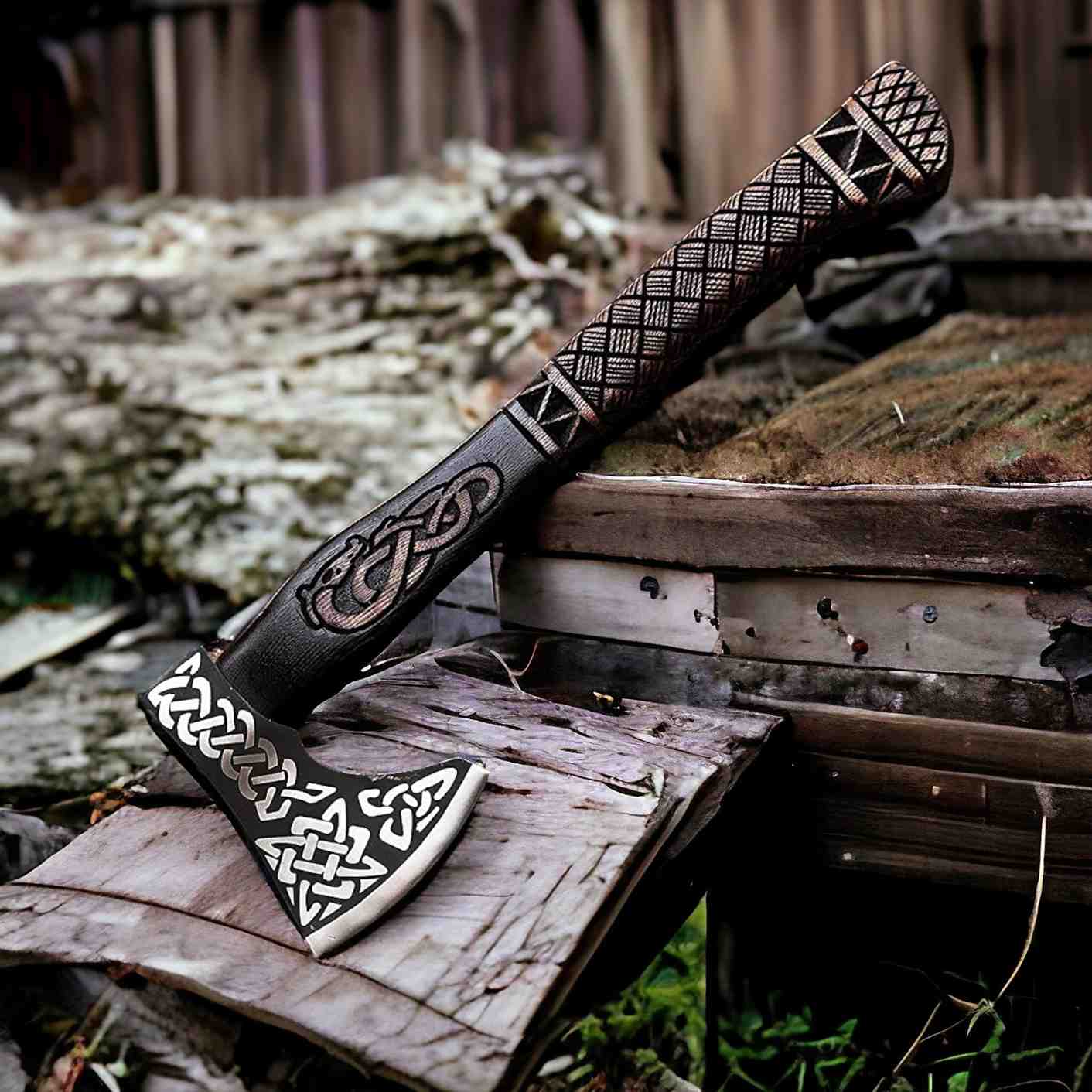 Celtic Knotwork Viking Axe – Hand-Forged Bearded Battle Axe with Carved Handle