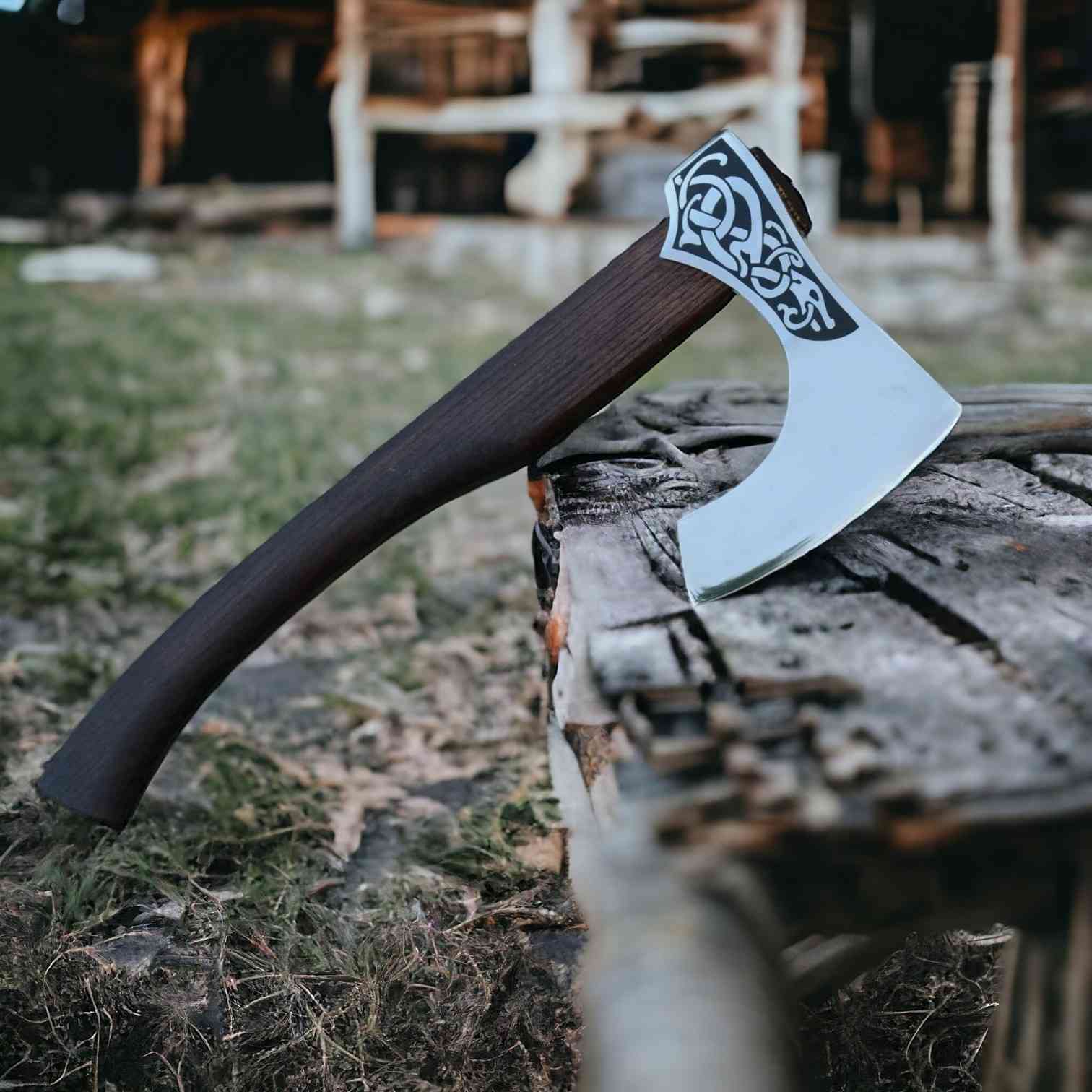 Norse Serpent Viking Axe – Hand-Forged 1075 Steel Bearded Axe, Rosewood Handle