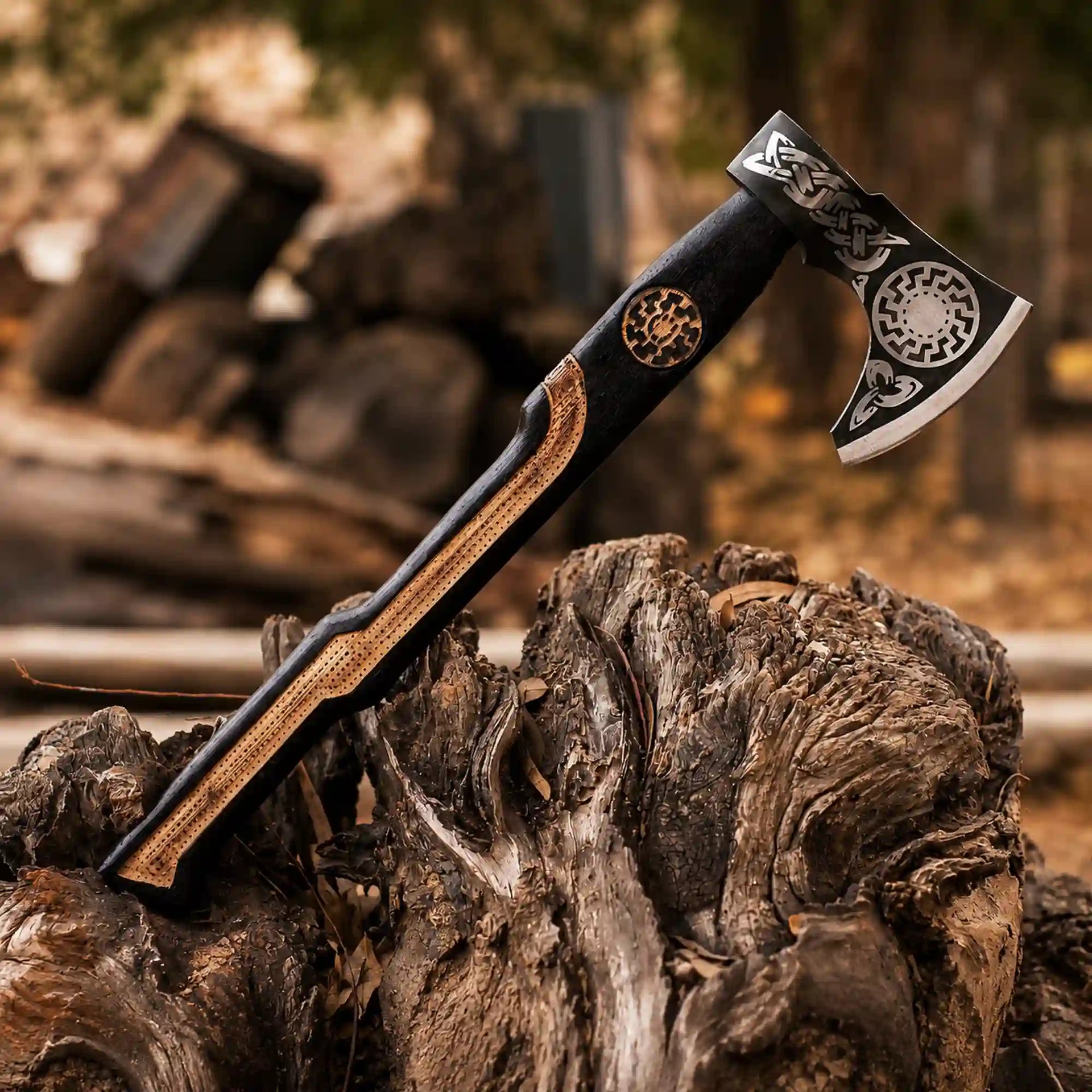 Sunwheel Viking Axe – Hand-Forged Bearded Axe with Inlaid Ash Handle
