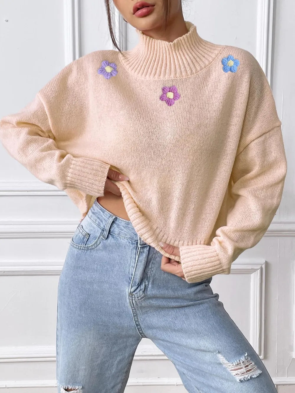Hand hook flower collage high neck pullover sweater loose casual base sweater