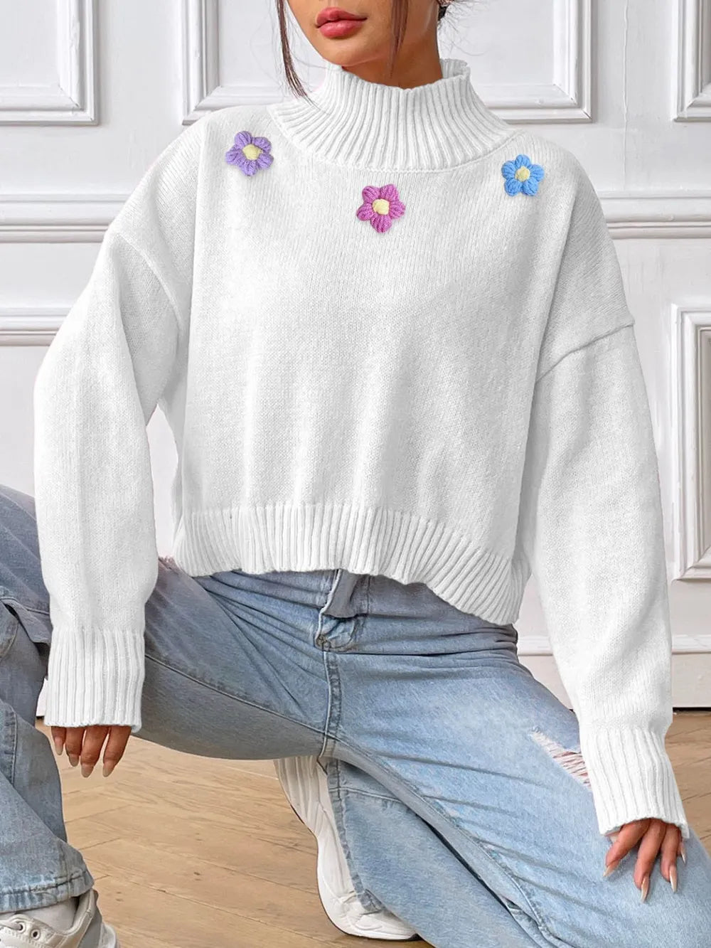 Hand hook flower collage high neck pullover sweater loose casual base sweater