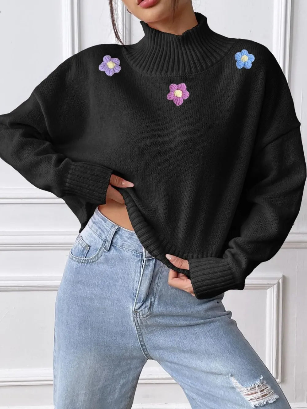Hand hook flower collage high neck pullover sweater loose casual base sweater