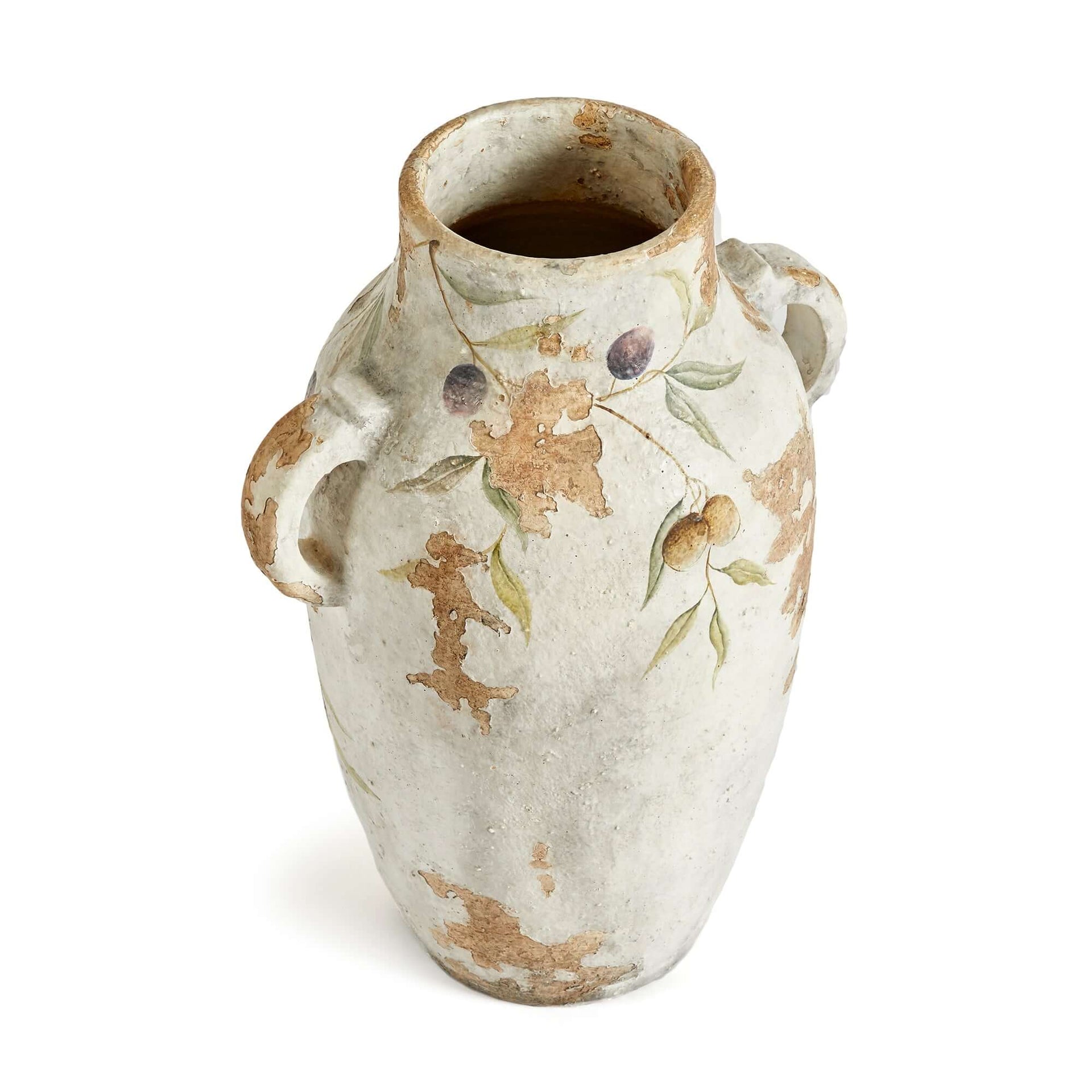 Hand-Painted Italian Olive Vine Ceramic Urn