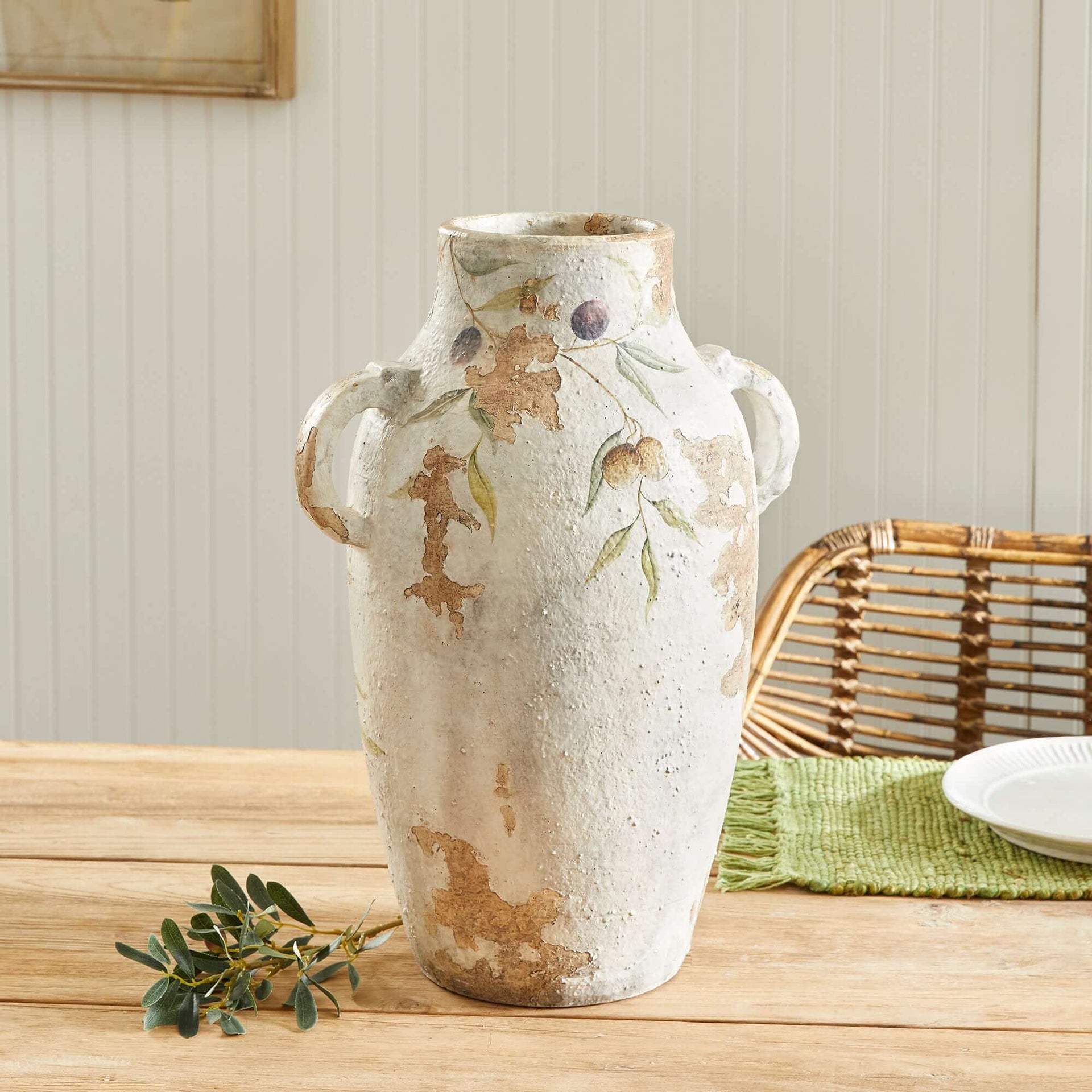 Hand-Painted Italian Olive Vine Ceramic Urn
