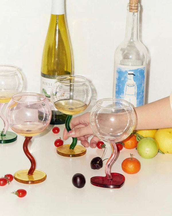 Handblown Bubble Wine Glass - Retro Whimsical Eclectic Wavy Stemmed Goblets