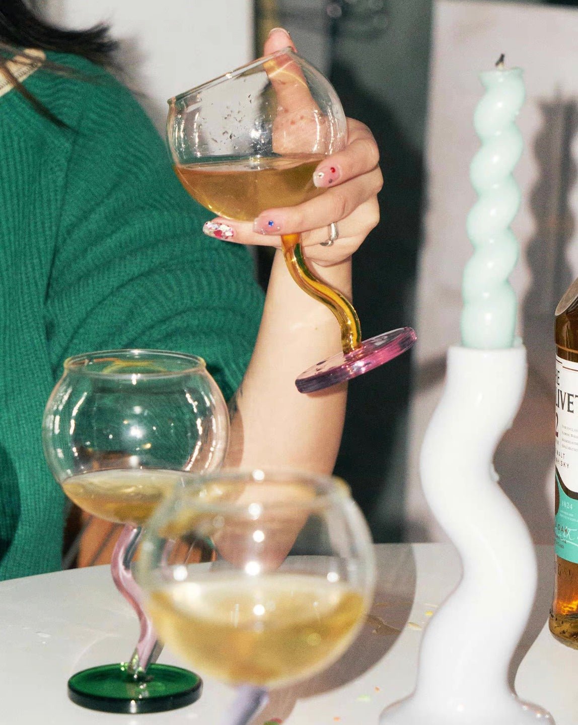 Handblown Bubble Wine Glass - Retro Whimsical Eclectic Wavy Stemmed Goblets