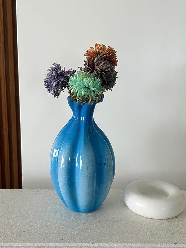 Handcrafted French Style Gradient Blue Ceramic Vase - Unique Flower Vessels