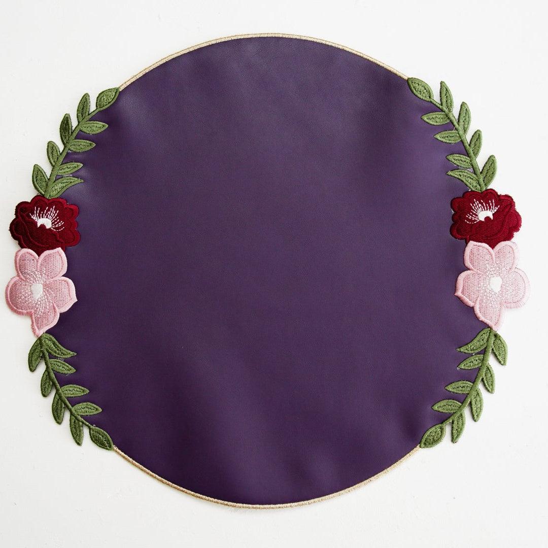 SPRING TABLE DECOR – JASMINE PURPLE ORANGE ROUND FAUX LEATHER PLACEMAT