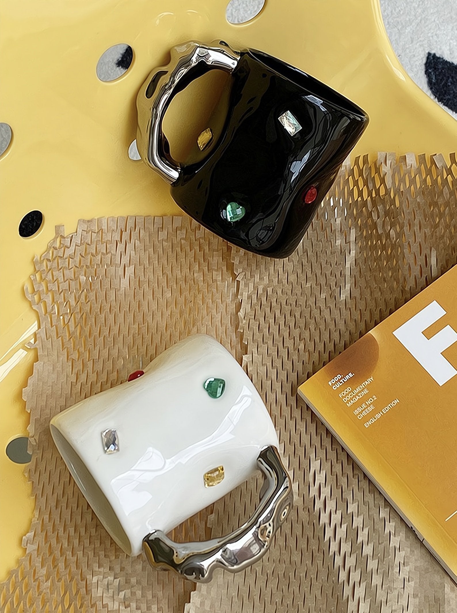 Handmade Ceramic Gemstone Couple Coffee Mugs with Wavy Handle