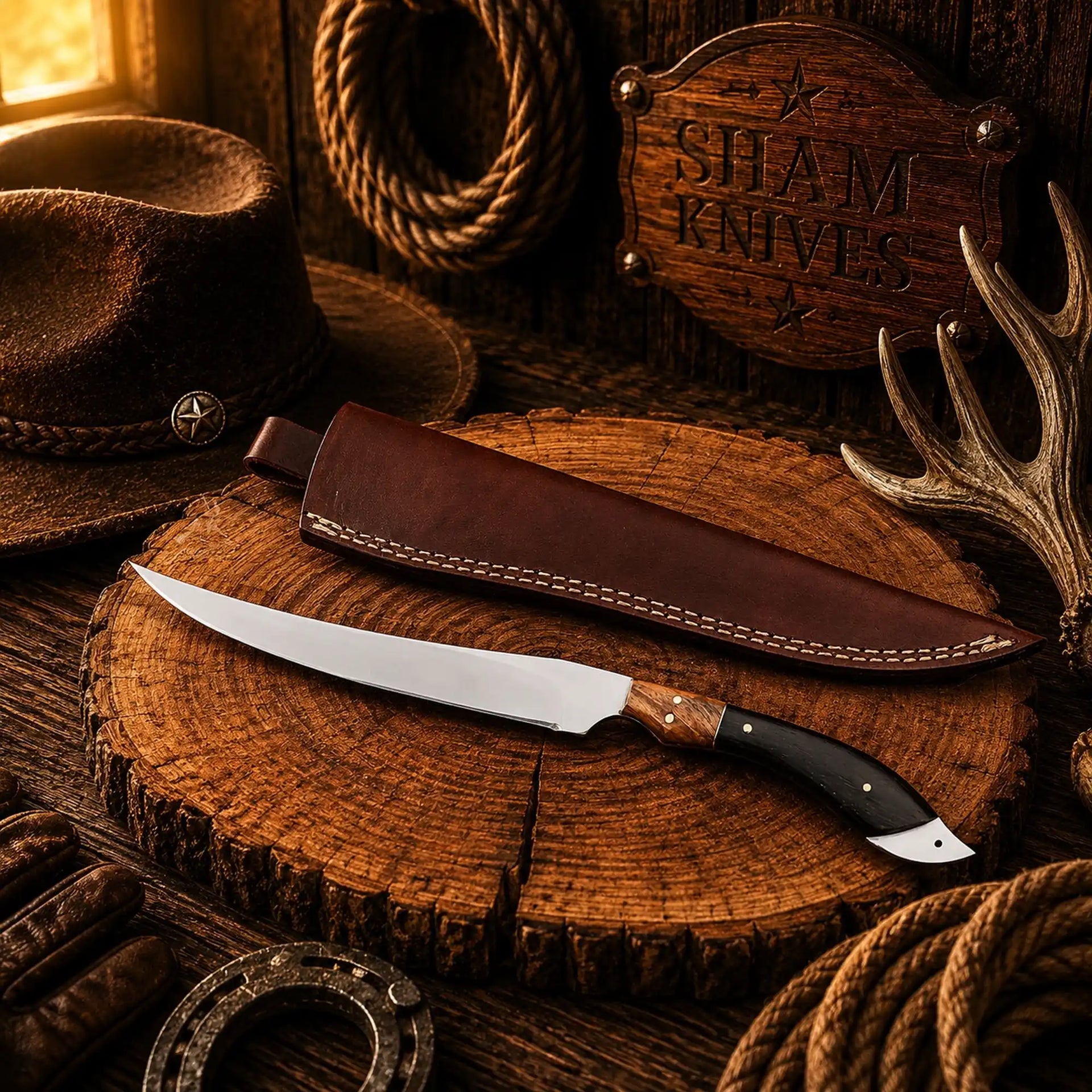 D2 Steel Fillet Knife – Buffalo Horn & Wood Handle with Leather Sheath