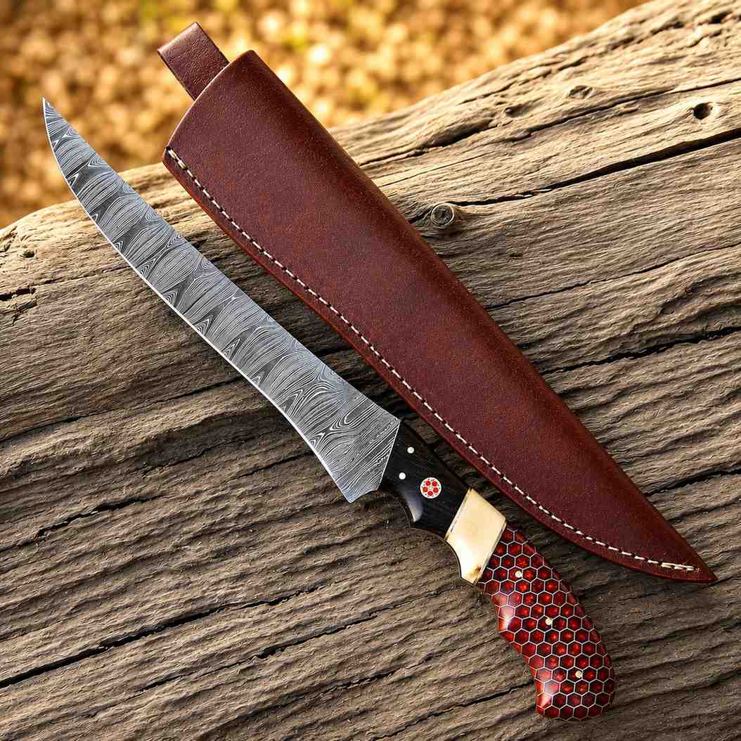 Damascus Fish Fillet Knife – Red Honeycomb & Camel Bone Handle