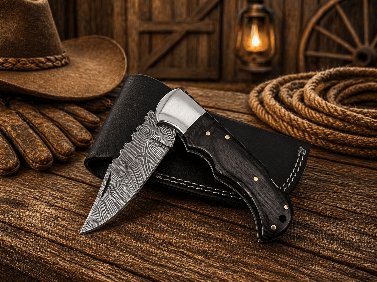 Handmade Damascus Steel Pocket Knife – Pakka Wood Handle Folding Knife with Leather Sheath | EDC Hunting Camping Gift for Men