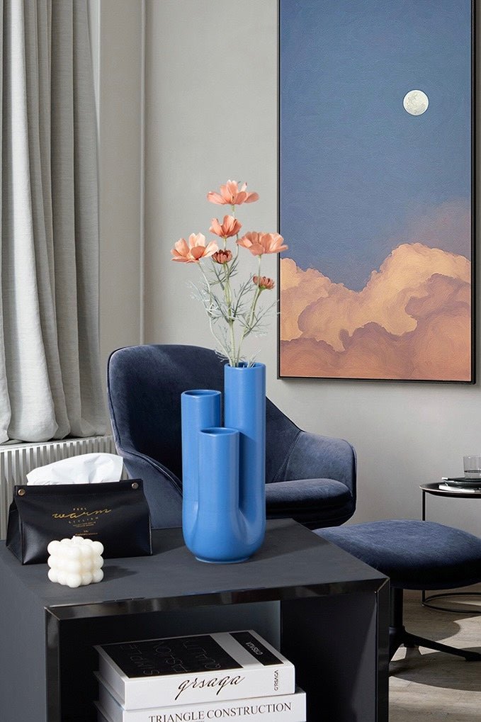 Handmade Funky Memphis Triple Stems Ceramic Vase, Decorative Flower Vessel