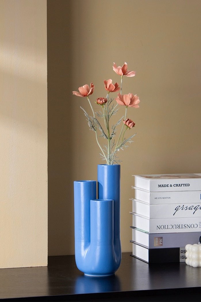 Handmade Funky Memphis Triple Stems Ceramic Vase, Decorative Flower Vessel