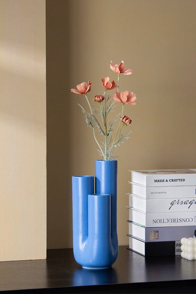 Handmade Funky Memphis Triple Stems Ceramic Vase, Decorative Flower Vessel