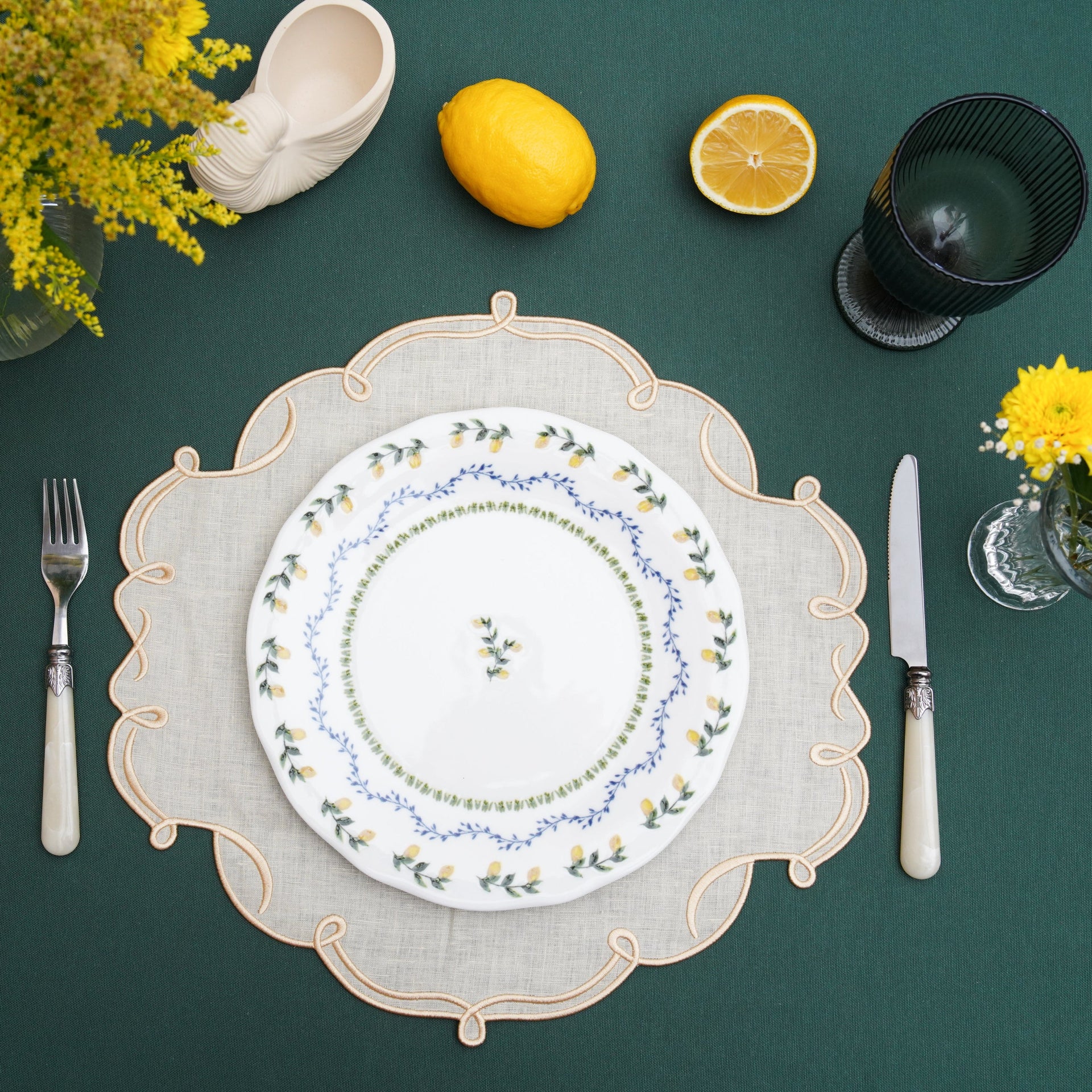SPRING TABLE DECOR – CELESTIA LINEN IVORY GOLD TRIM SQUARE PLACEMAT