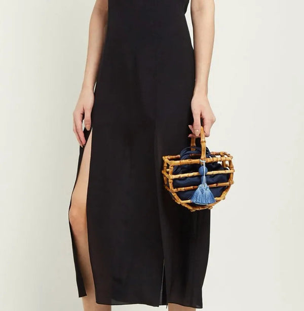 Handmade tassel bamboo knot bag water bucket bag semi-circular bamboo basket handbag for women