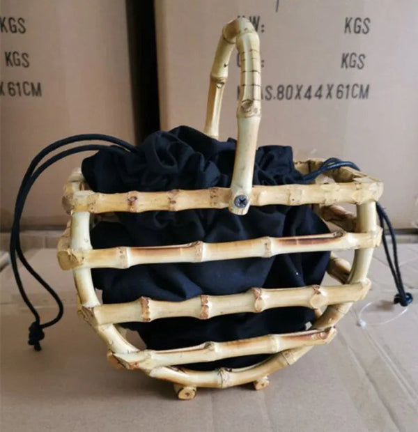 Handmade tassel bamboo knot bag water bucket bag semi-circular bamboo basket handbag for women