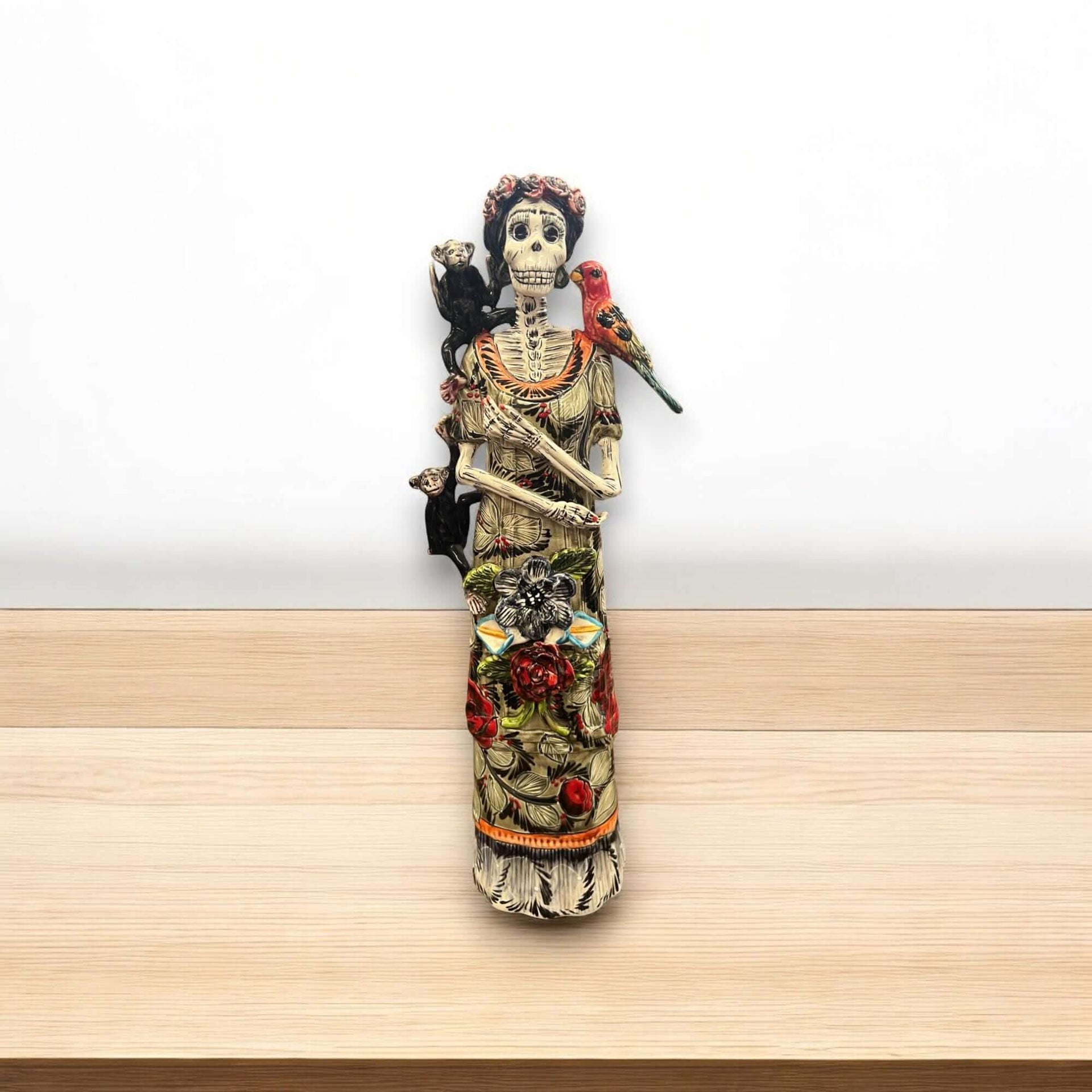 Talavera Catrina Figurine | Day of the Dead Skeleton with Monkey & Bird