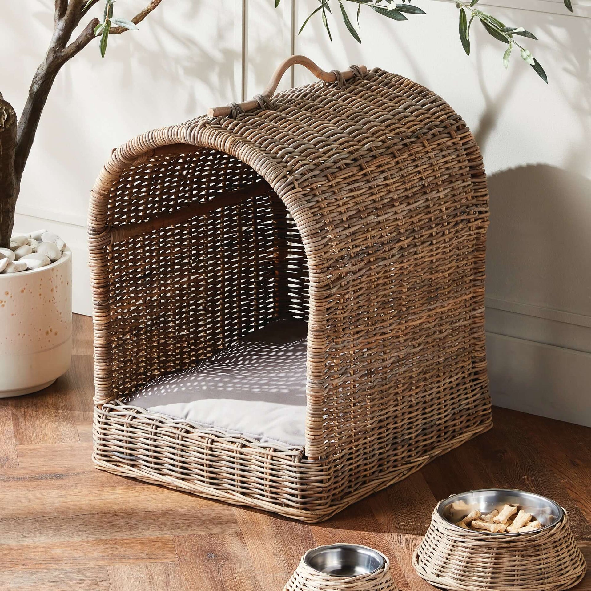 Handwoven Rattan Canopy Dog Bed with Cushion