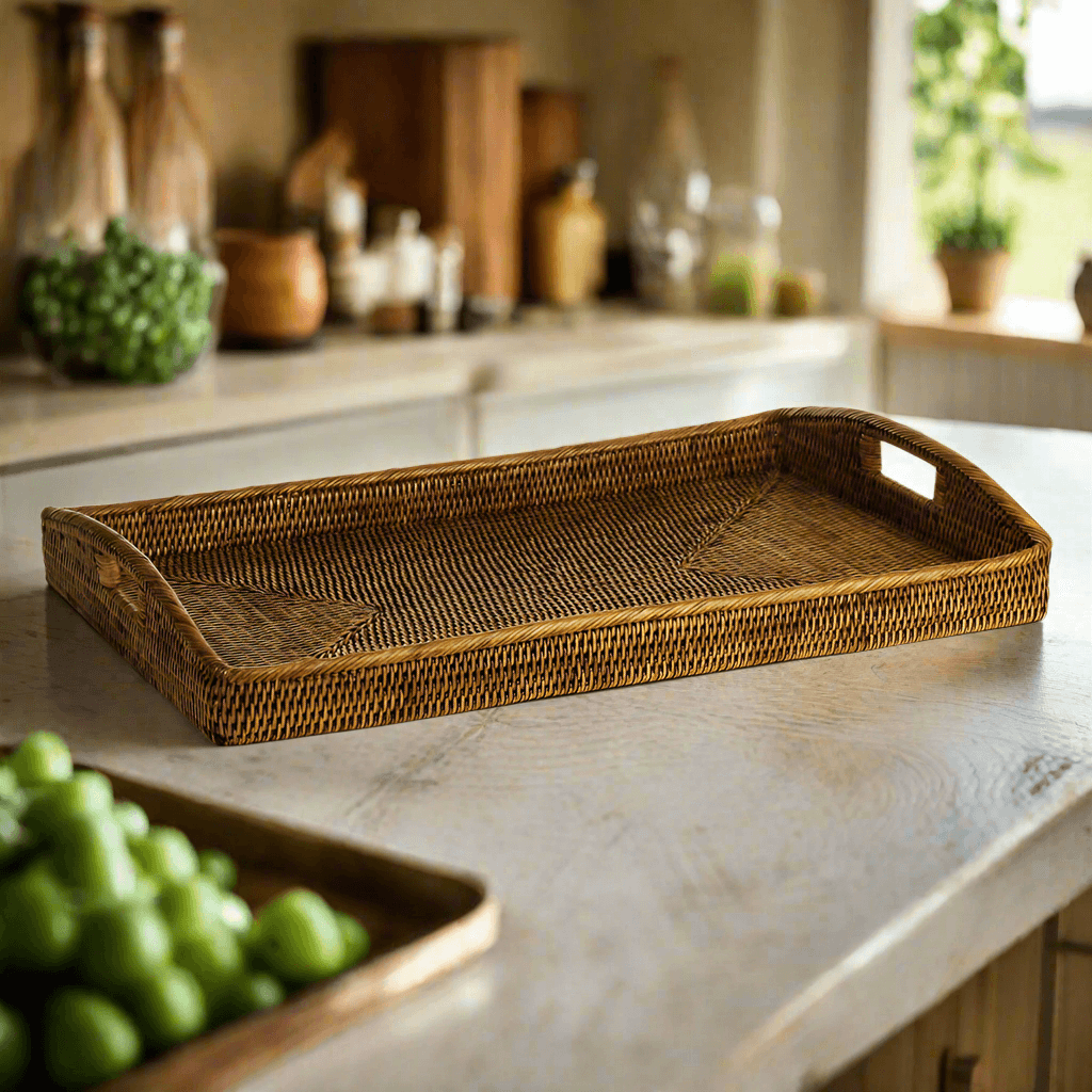 Rattan Serving Tray with Handles in Whitewash or Brown