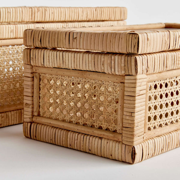 Handwoven Rattan Storage Boxes with Glass Window Lids (Set of 2)
