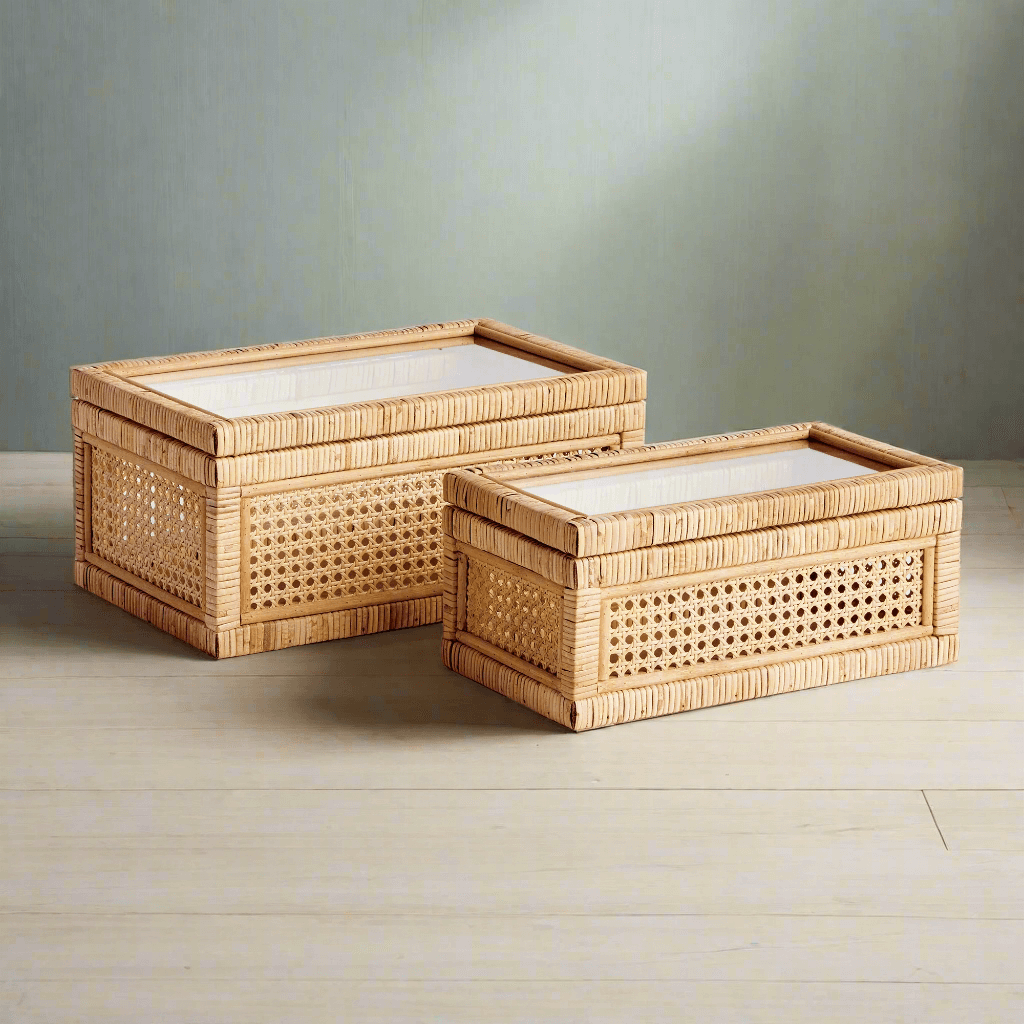 Handwoven Rattan Storage Boxes with Glass Window Lids (Set of 2)