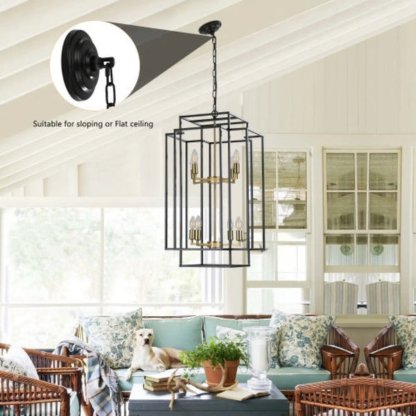 Hanging Light In Kitchen with 8-Lights - Black & Gold Tiered Chandelier
