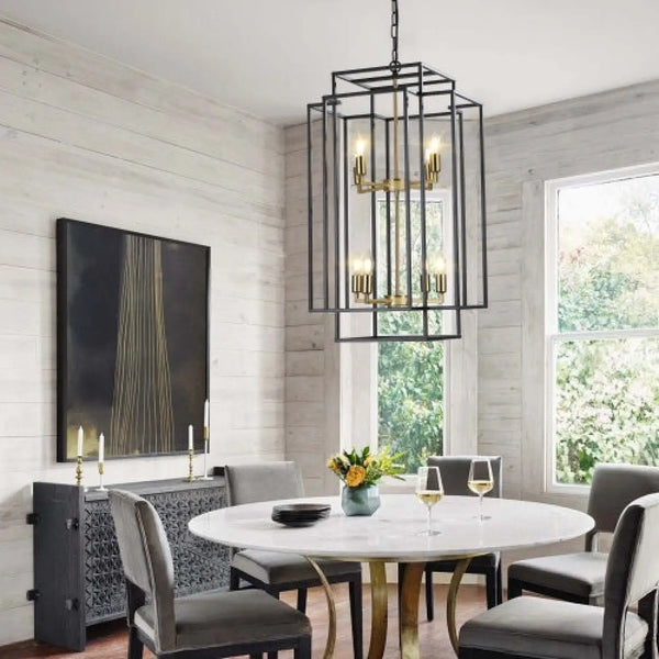 Hanging Light In Kitchen with 8-Lights - Black & Gold Tiered Chandelier