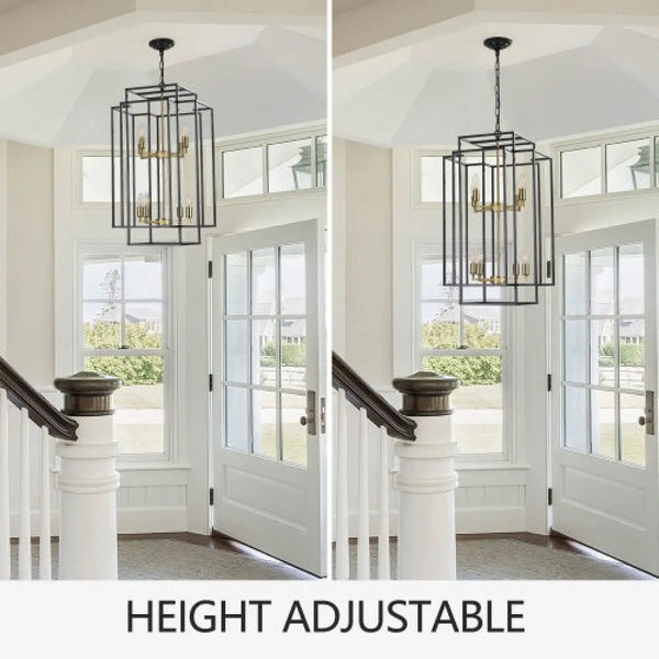 Hanging Light In Kitchen with 8-Lights - Black & Gold Tiered Chandelier