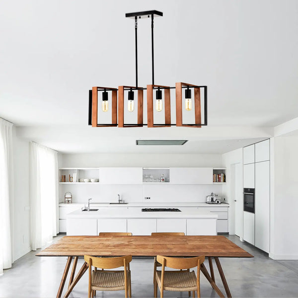 Hanging Lights for Hall with Rustic Wood, 4-Light Fixture & Black Metal Design