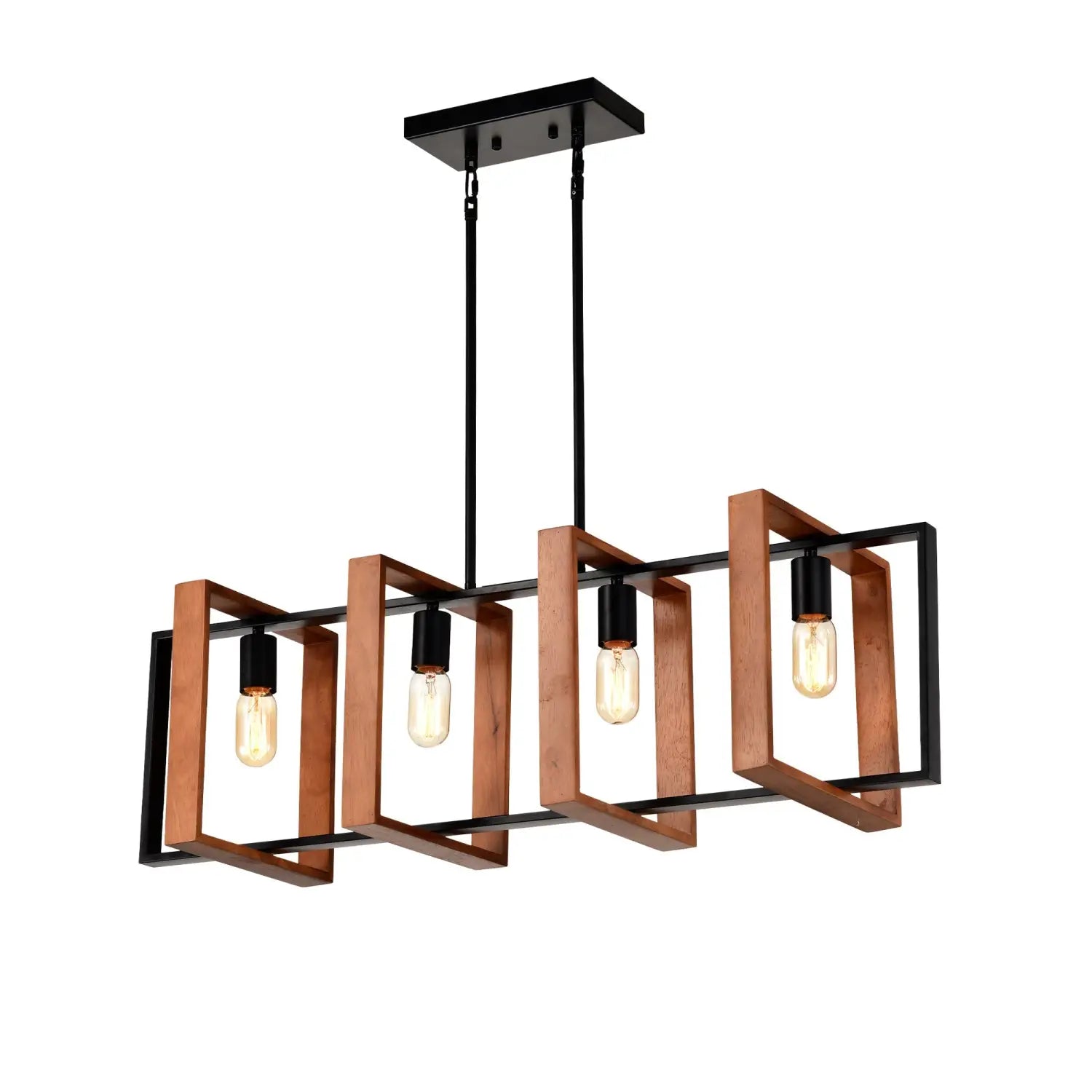 Hanging Lights for Hall with Rustic Wood, 4-Light Fixture & Black Metal Design
