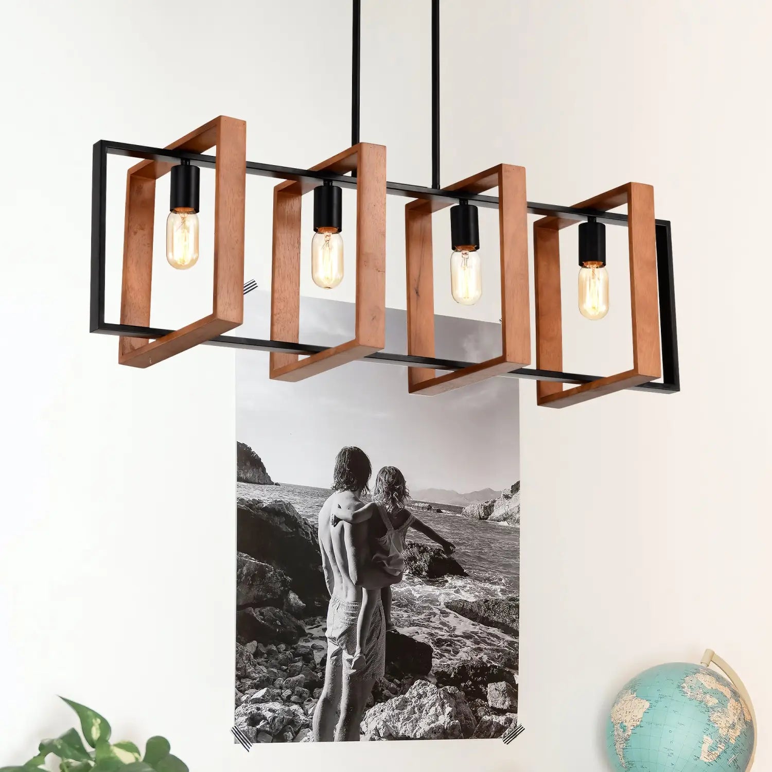 Hanging Lights for Hall with Rustic Wood, 4-Light Fixture & Black Metal Design