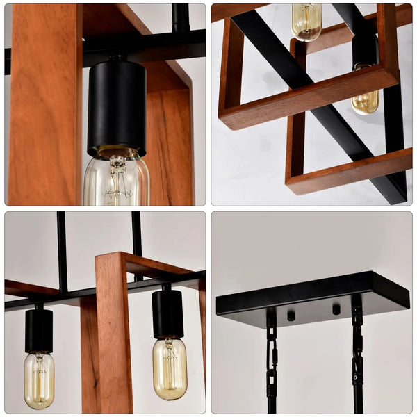 Hanging Lights for Hall with Rustic Wood, 4-Light Fixture & Black Metal Design