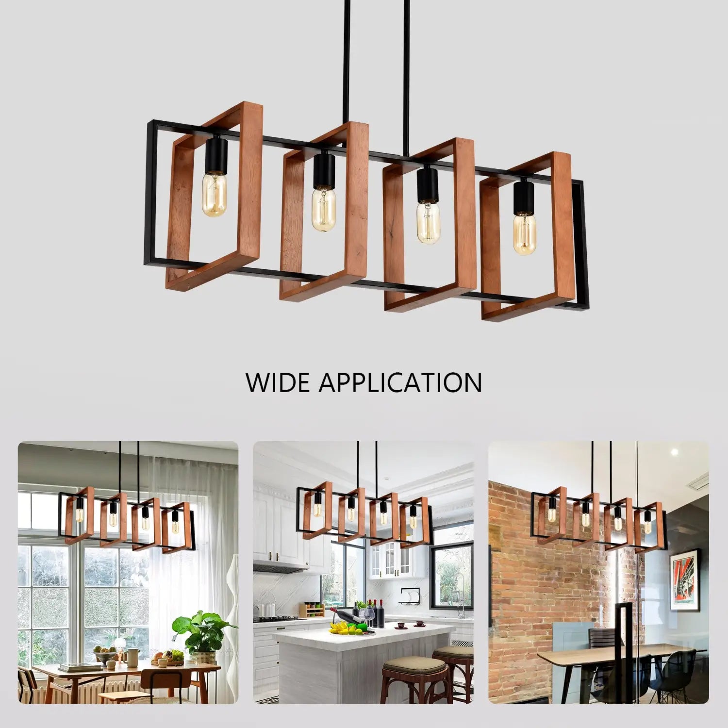 Hanging Lights for Hall with Rustic Wood, 4-Light Fixture & Black Metal Design