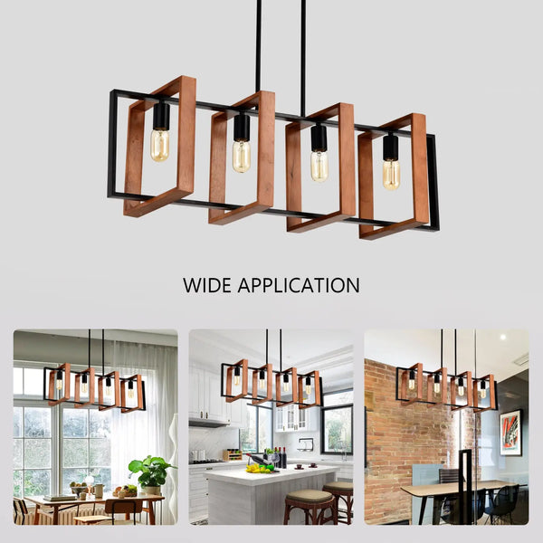 Hanging Lights for Hall with Rustic Wood, 4-Light Fixture & Black Metal Design