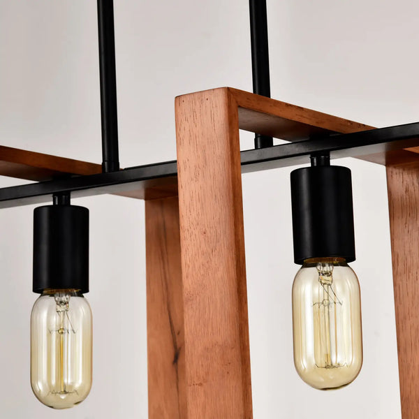 Hanging Lights for Hall with Rustic Wood, 4-Light Fixture & Black Metal Design