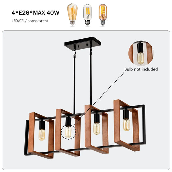 Hanging Lights for Hall with Rustic Wood, 4-Light Fixture & Black Metal Design