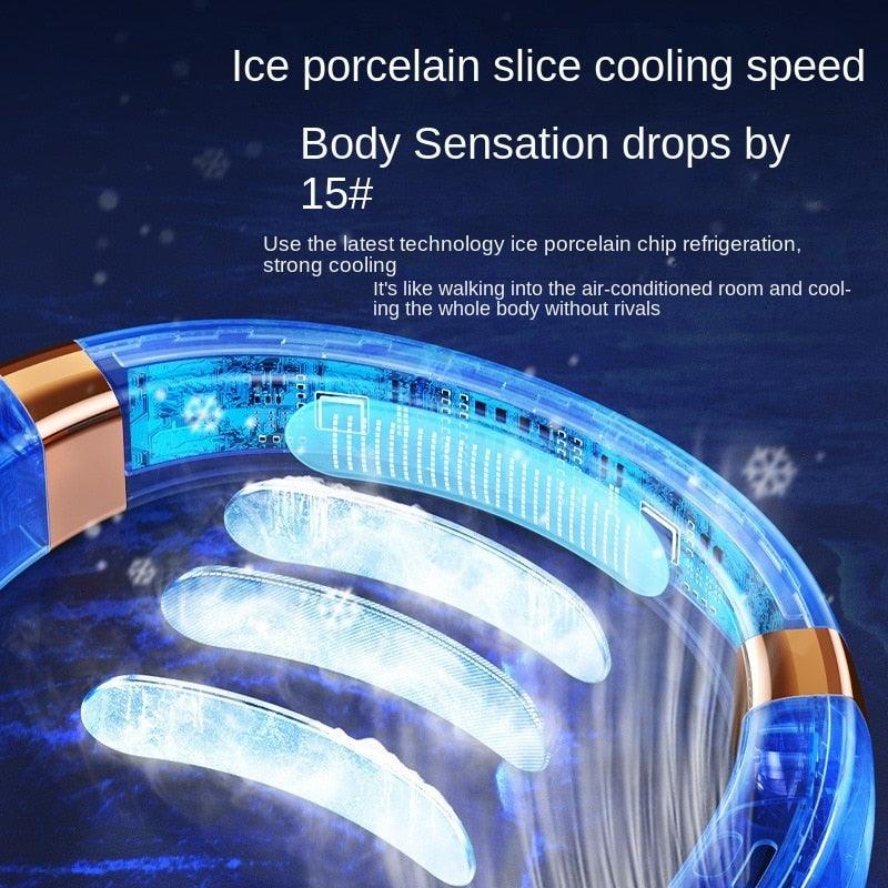 Hanging Neck Fan Ice Magnet Cooling Portable Neck Fan Type-C Mute Multifunctional Leafless Electric Fan With Light Rechargeable Hands Free Bladeless Fan 5 Speeds Operated Wearable Personal Fan