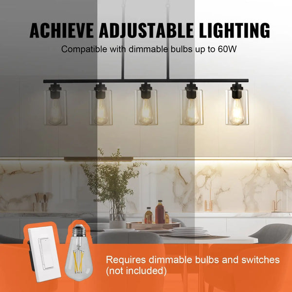 Hanging Pendant Lights for Kitchen Island with 5-Lights & Adjustable Design