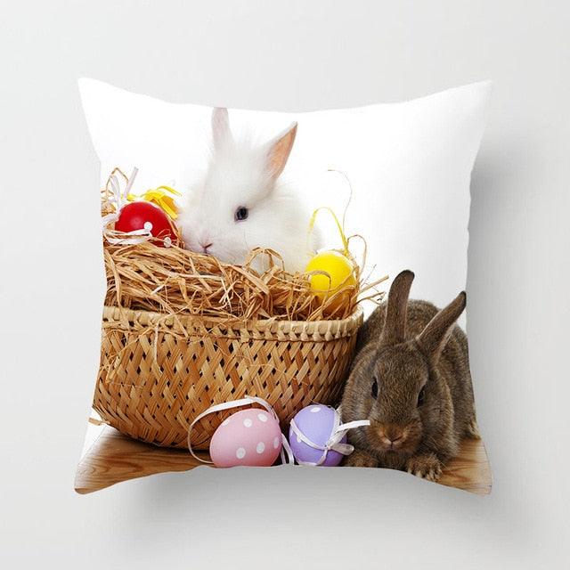 Happy Easter Pillowcase Easter Decorations For Home Party Rabbit Eggs Spring Easter Decor Linen Throw Pillow Cover Case Farmhouse Eggs Tree Rabbit Holiday Cushion Cover Polyester Pillow Cover