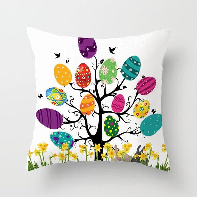 Happy Easter Pillowcase Easter Decorations For Home Party Rabbit Eggs Spring Easter Decor Linen Throw Pillow Cover Case Farmhouse Eggs Tree Rabbit Holiday Cushion Cover Polyester Pillow Cover
