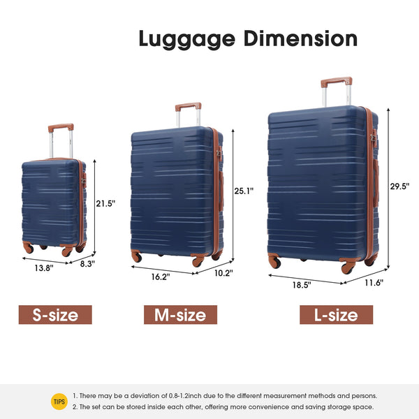 Hardshell Luggage Sets 3 Pcs Spinner Suitcase with TSA Lock Lightweight 20''24''28'' Navy Blue + ABS