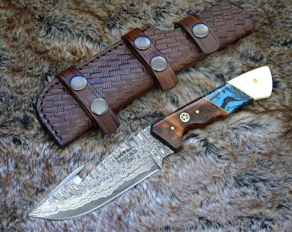 Harmony Gut Hook Hunting Knife with Rosewood Bone & Turquoise Handle - Gifts for You 'n Me